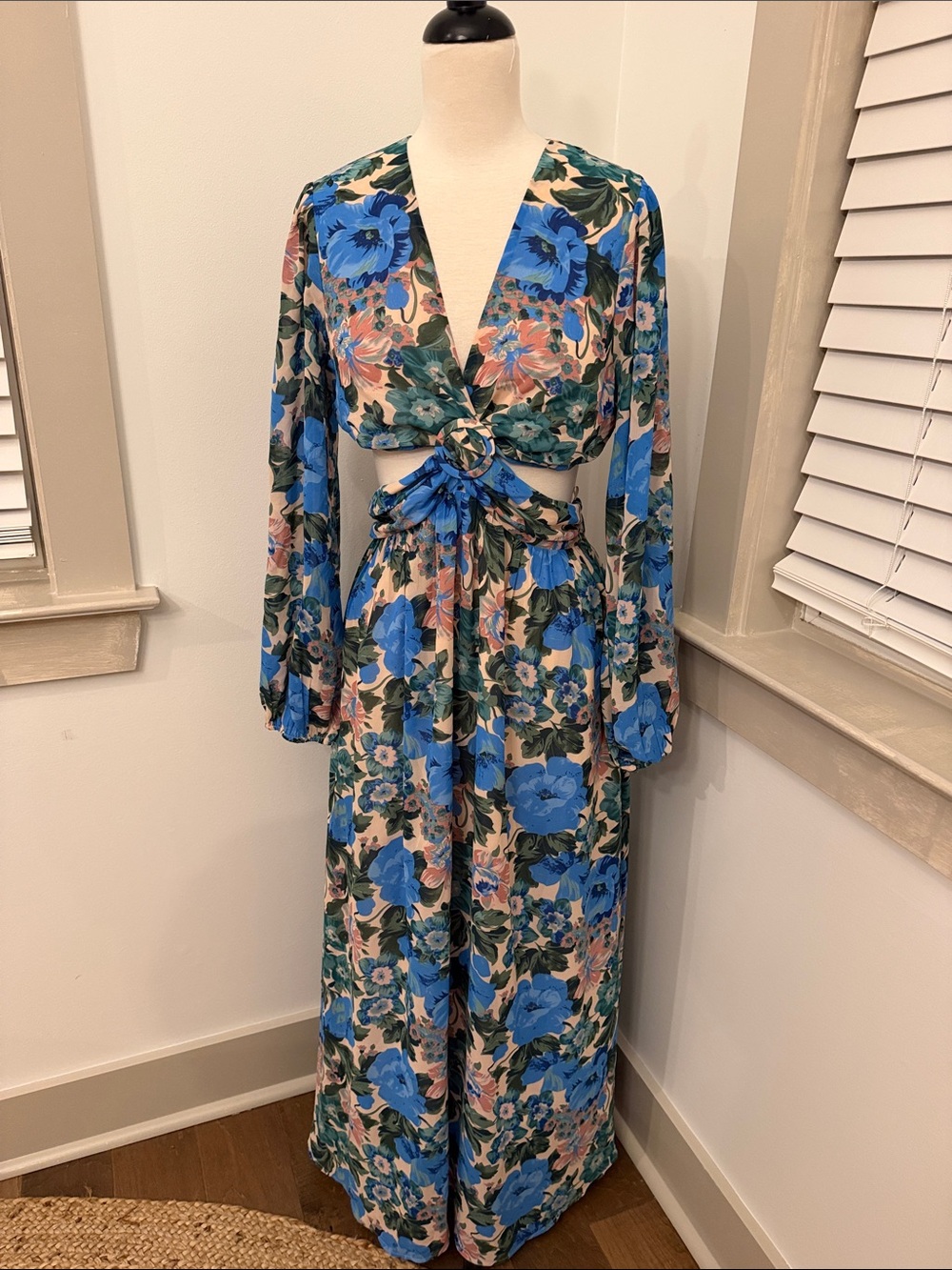 Lush Blue Floral Maxi Dress with Cutout Tie Front